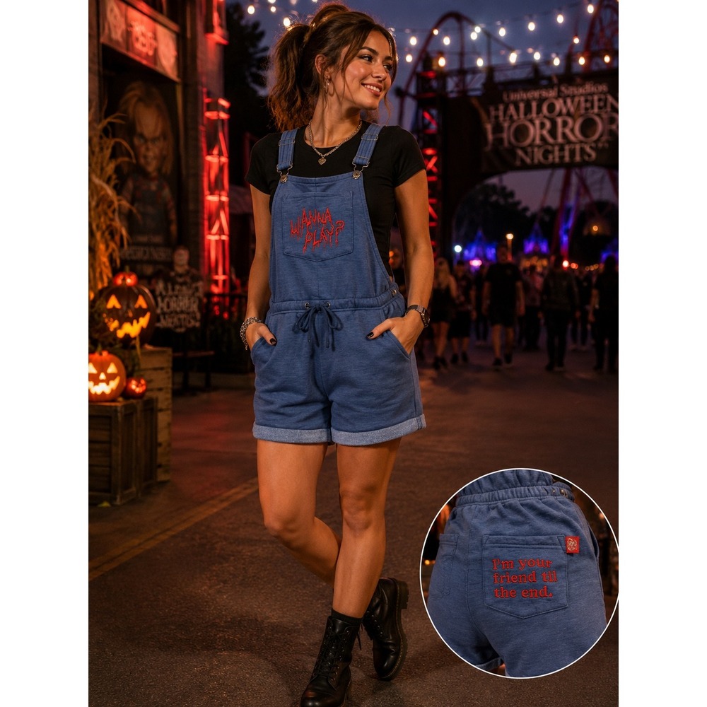 Chucky Costume Halloween Horror Universal Studios Women XS Blue Shortall Overall